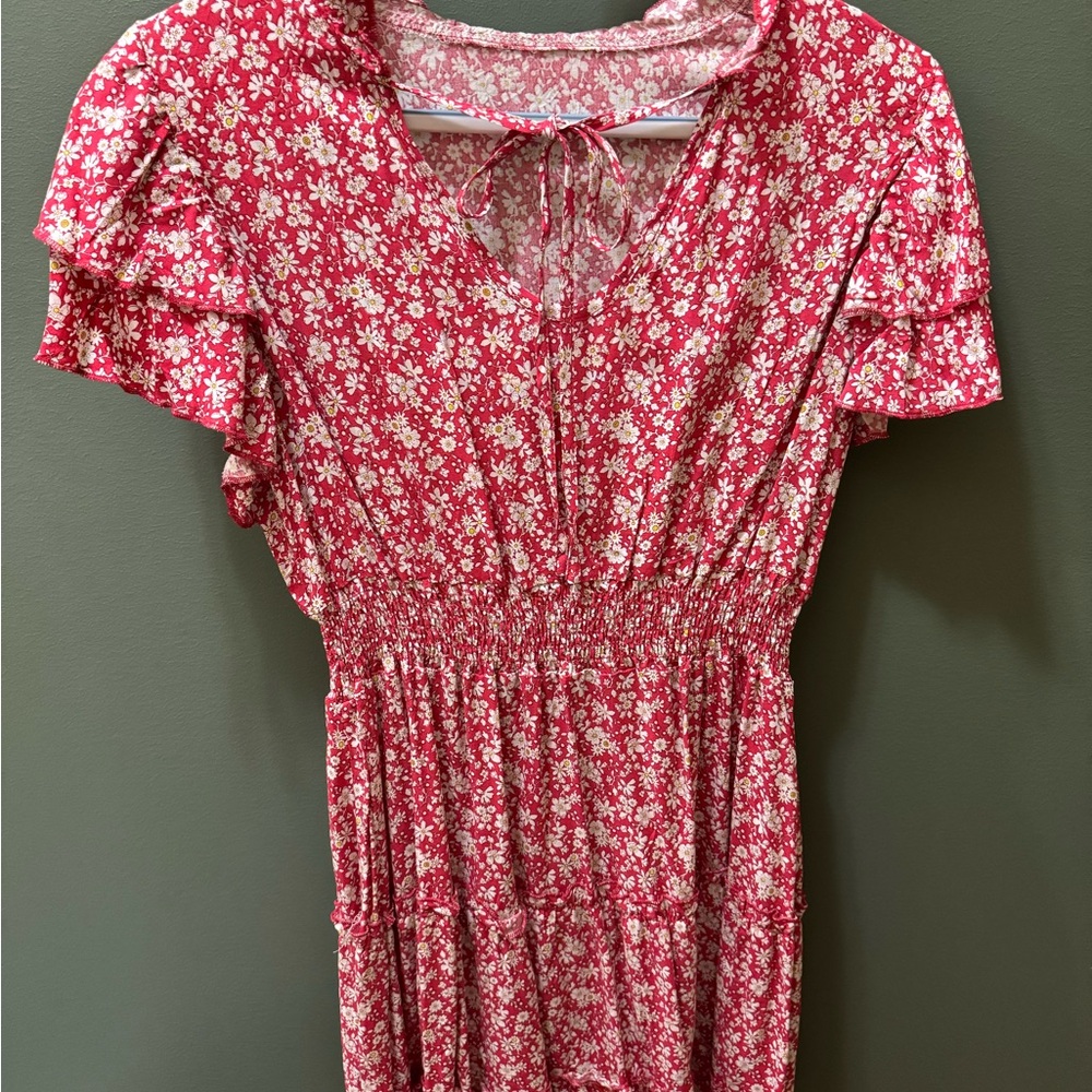 Floral Red Dress with Ruffle Sleeves